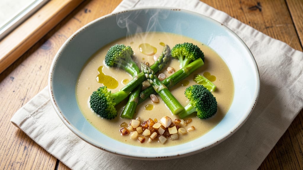 Asparagus and Broccoli Soup Recipe: Spring Greens Velout With Nutty Crunch