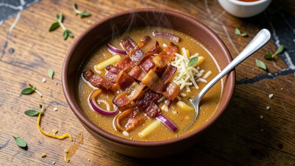 Bacon Beer Cheese Soup Recipe: Smoky Crisp Celery Crowns Over Creamy Stout Base