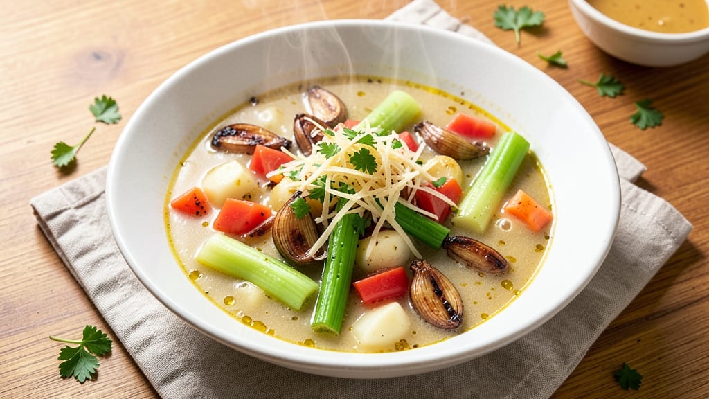 Bistango Garlic Soup Recipe: Crisp Celery Crowns Over Garlicky Velout Bliss