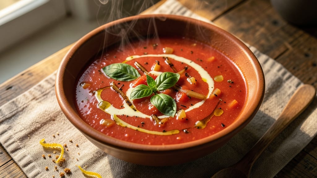 Biaggi's Tomato Soup Recipe: Velvety Herb-Infused Richness With Celery Crown Crunch