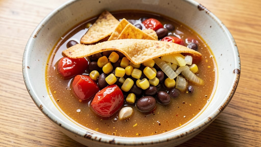 Basic Tortilla Soup Recipe: Crispy Corn Topping and Zesty Herb Velout Balance