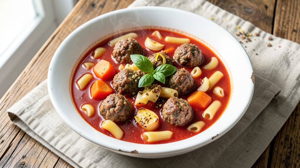 Beef and Tomato Macaroni Soup Recipe: Hearty One-Pot With Meatball Twist