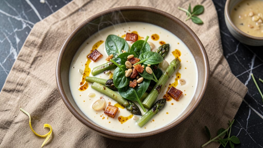 Asparagus And Spinach Soup Recipe: Spring Greens Velout With Crispy Pancetta Bites