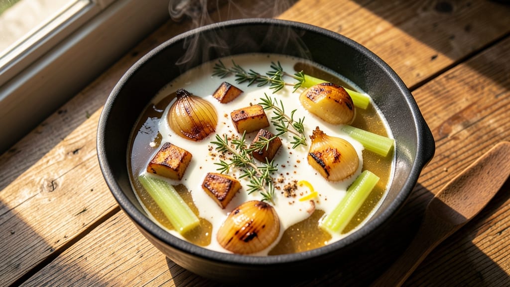 Bake Potato Soup Recipe: Crispy Celery Crowns Over Creamy Herb Velout