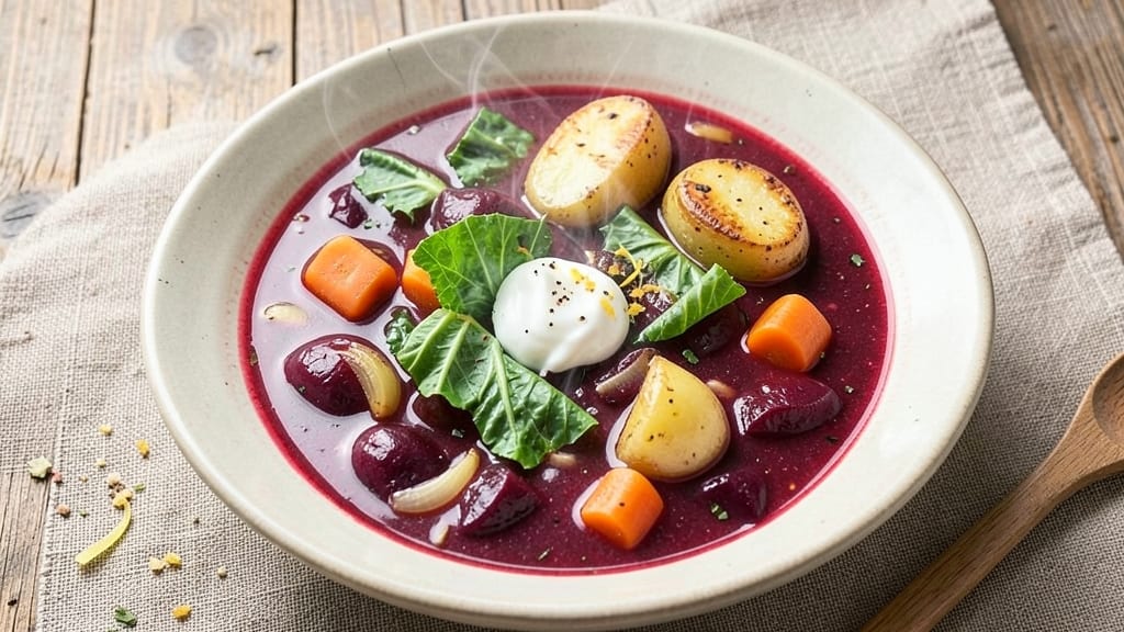 Beet and Cabbage Borscht Soup Recipe: Earthy-Sweet, Creamy Velout With Crisp Celery Crowns