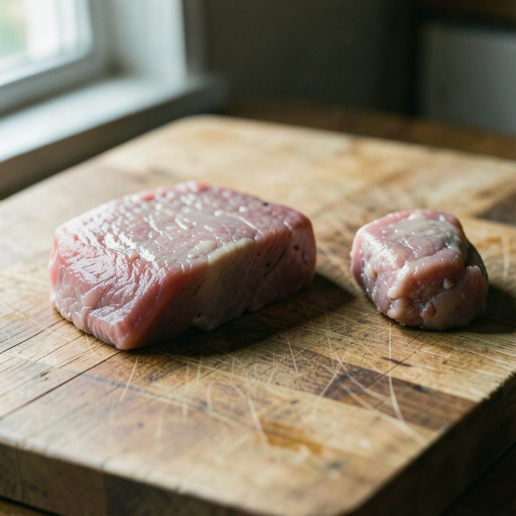 Three chops of different thickness, ready to be tested