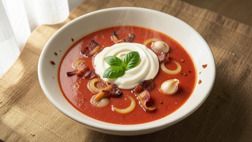 American Tomato Soup Recipe: Smoky Bacon Bits and Silky Herb Swirl